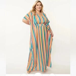 [Unique Vintage] Rainbow Striped V-Neck Kaftan Coverup Dress One Size Fits Most